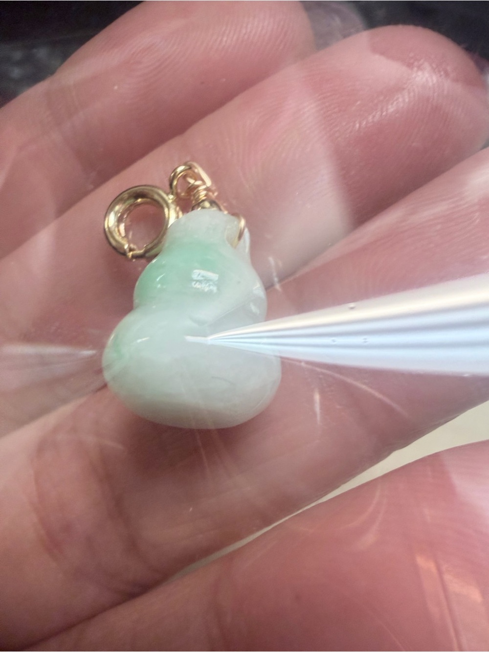 Carved Jade Gourd Pendant with Gold PLATED setting Bail - Pale Green